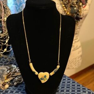 Vintage signed NS Cream Heart with butterfly stone??? Glass??? Pendant Necklace